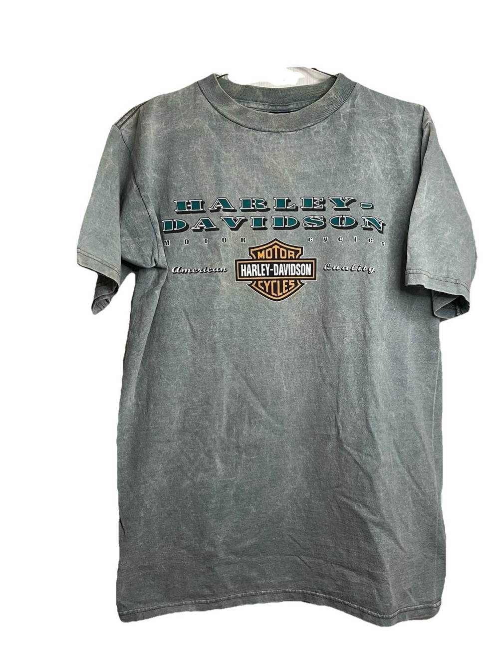 Harley-Davidson Black Tag Tee with Orange Logo on Light Gray Vintage 1996 Med